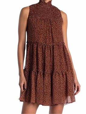 Taylor Brown Polka Dot Tiered Mini Dress XS Mock Neck Sleeveless Boho A-Line